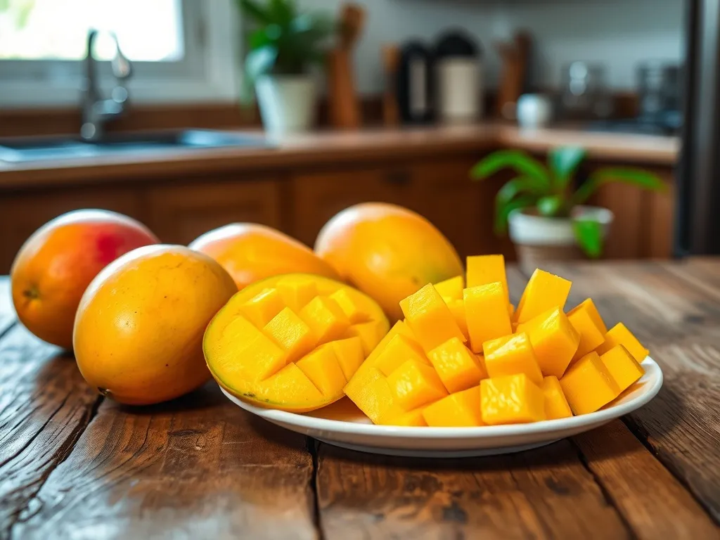 Dojrzałe mango na rustykalnym stole, jedno pokrojone w kostkę, podkreślające sezon i świeżość owocu.
