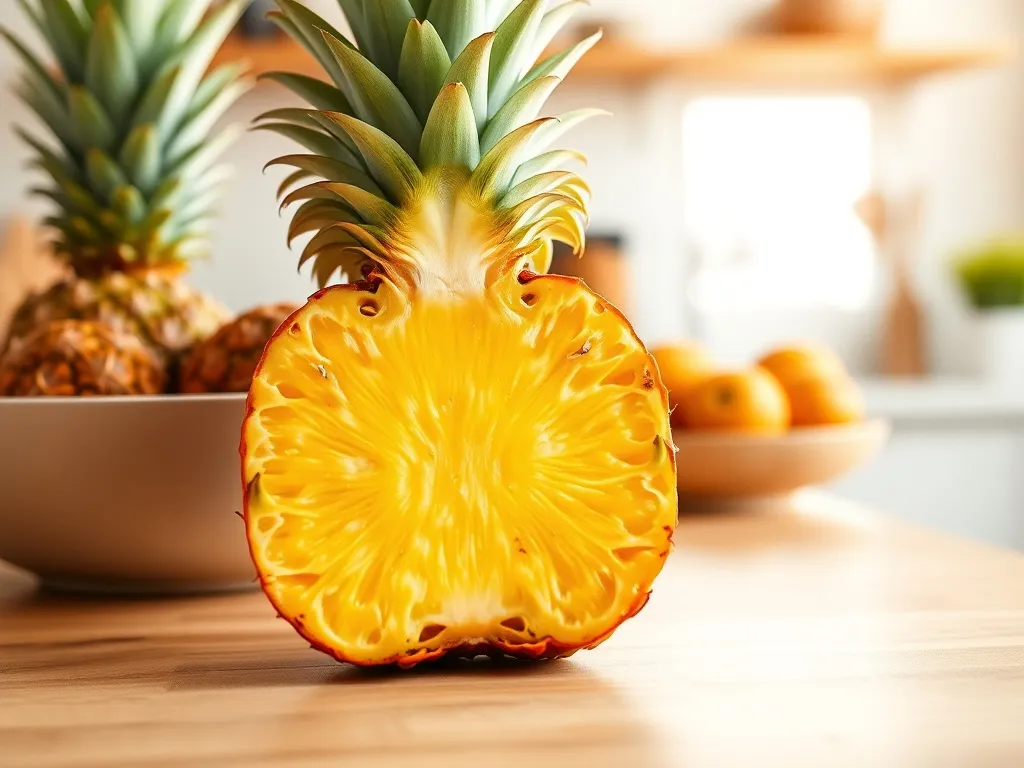 Dojrzały ananas przekrojony na pół na blacie kuchennym, z soczystym miąższem w świetle dziennym, w tle miska z ananasami.
