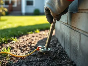 Elektryk montuje uziom szpilkowy przy ścianie domu, widoczny zacisk z przewodem ochronnym w ogrodzie w słoneczny dzień.