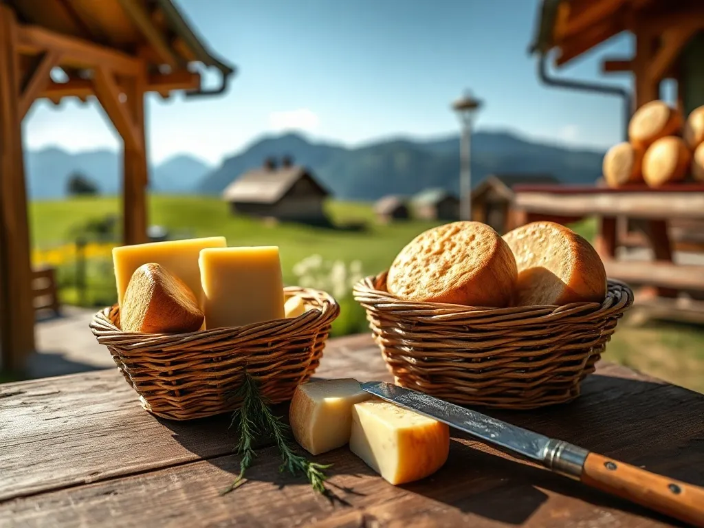 Koszyk oscypków na drewnianym stole, w tle słoneczna górska wieś i Tatry, podkreślające sezon na tradyczne sery.