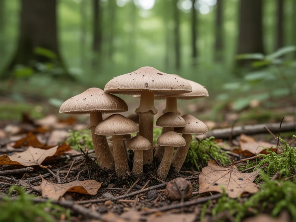 Zbliżenie dzikich pieczarek rosnących w lesie na ściółce z mchu i liści, w miękkim, naturalnym świetle.