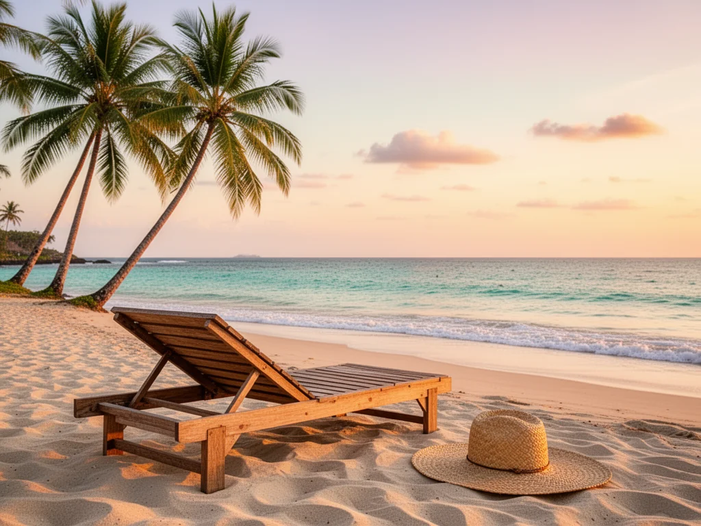 Złota godzina na rajskiej plaży Bali z leżakiem, kapeluszem i palmami, idealne tło do planowania wyjazdu w sezonie.