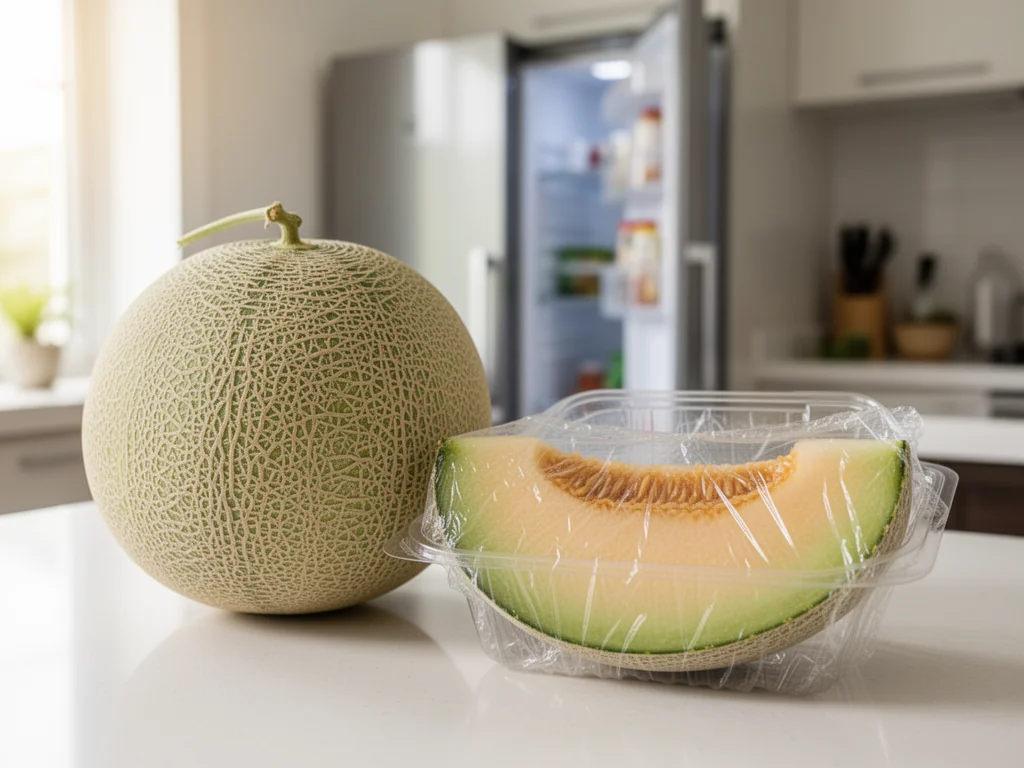 Świeży melon i pokrojone kawałki w pojemniku, pokazujące prawidłowe przechowywanie melona w nowoczesnej kuchni.