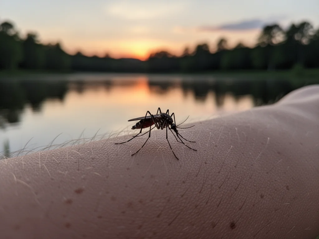 Komar siedzący na ludzkiej skórze o zmierzchu nad jeziorem, podkreślający wieczorną aktywność komarów.