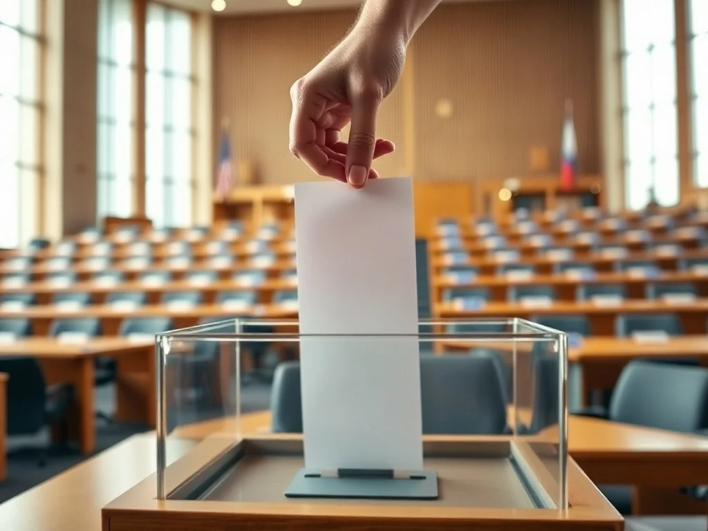 Ręka wrzuca kartę do przezroczystej urny na tle sali parlamentarnej, z delikatnym odbiciem barw Unii Europejskiej.