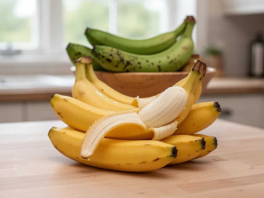 Dojrzałe żółte banany na kuchennym blacie, jeden obrany, w tle misa z zielonymi i nakrapianymi bananami przy oknie