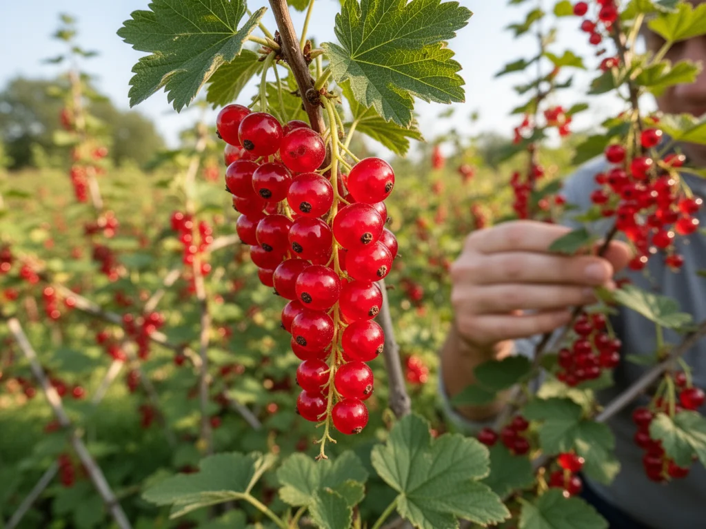 Dojrzałe kiście czerwonej porzeczki na krzaku w letnim ogrodzie, z dłonią delikatnie dotykającą gałązki podczas zbioru