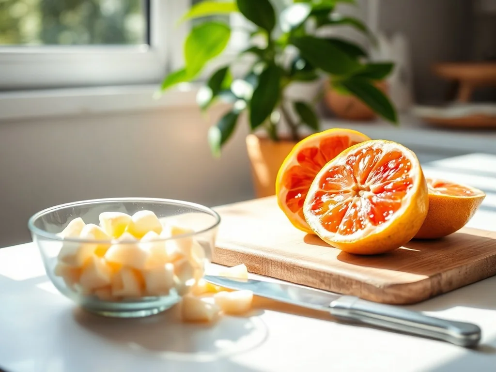 Świeże pomelo na desce i w misce w jasnej kuchni, podkreślające soczystość i dojrzałość owocu w sezonie.