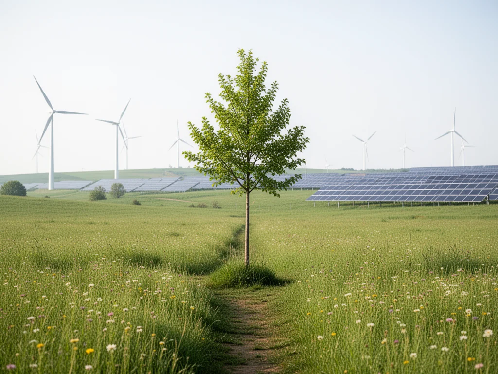 Zielone pole z drzewkiem, ścieżką i turbinami wiatrowymi w tle, symbolizujące zrównoważoną energię i Zielony Ład.